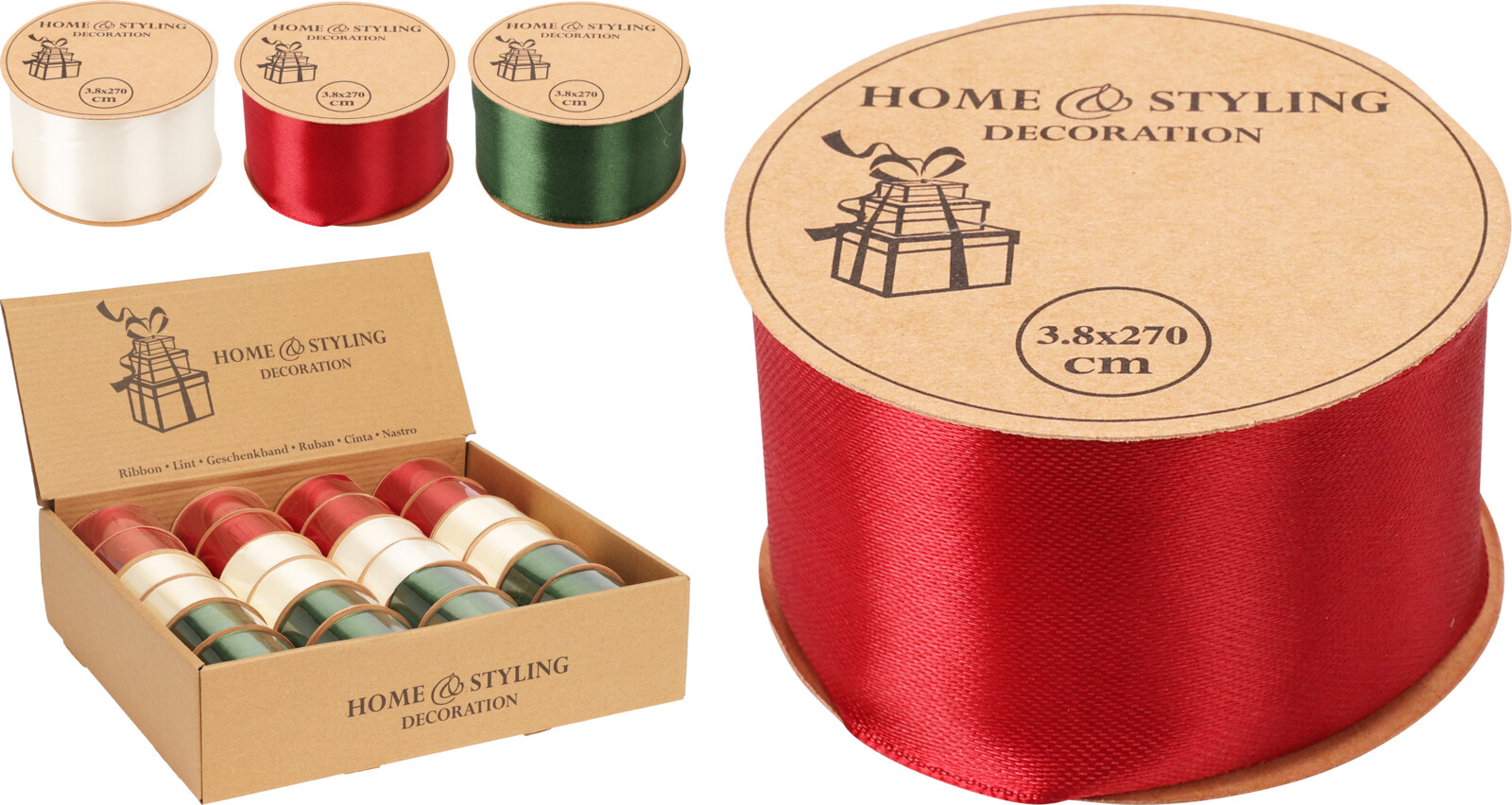 Kerstlint 3,8x270cm 3 assorti kleur