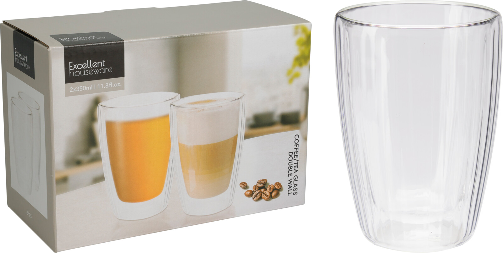 Dubbelwandig Koffie-Theeglas 350ml set 2 stuks in doos