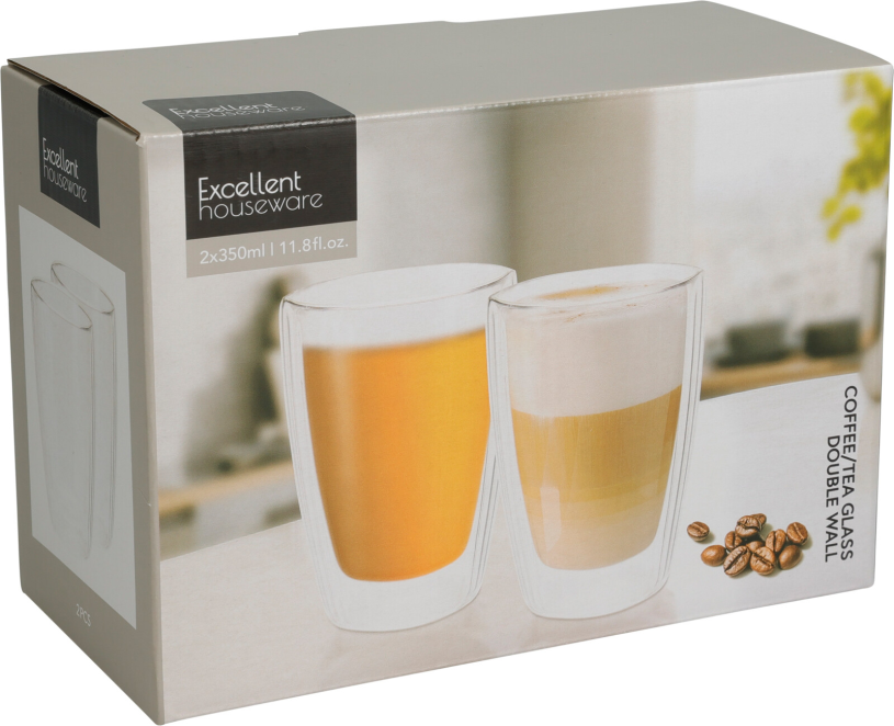 Dubbelwandig Koffie-Theeglas 350ml set 2 stuks in doos