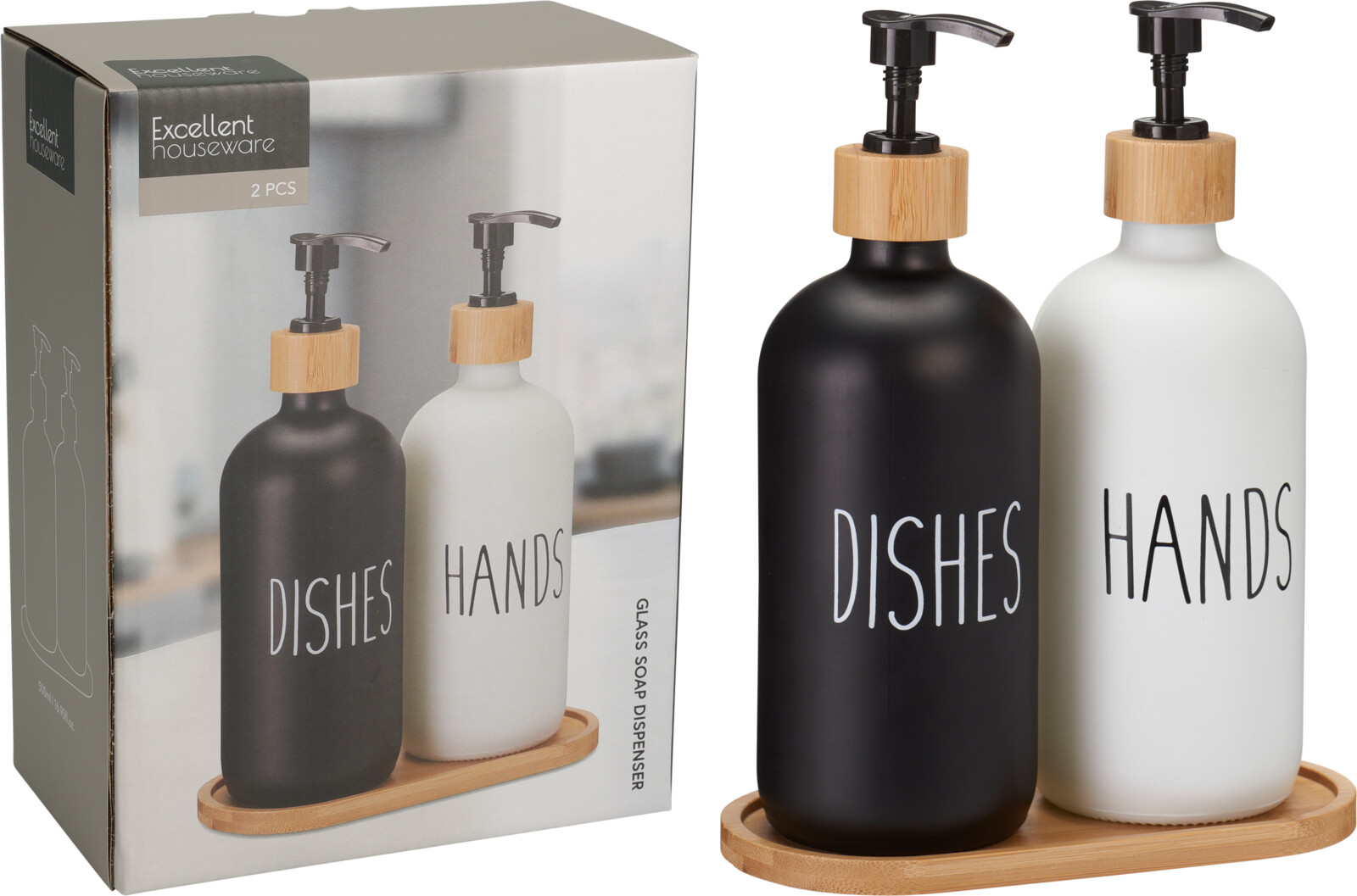 Zeepdispenser set glas 2x500ml incl. onderzetter