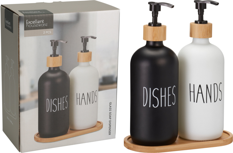 Zeepdispenser set glas 2x500ml incl. onderzetter