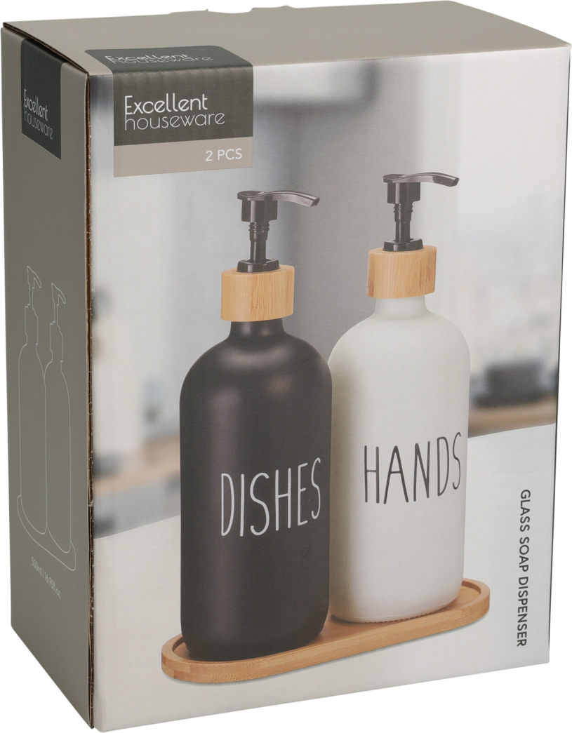 Zeepdispenser set glas 2x500ml incl. onderzetter