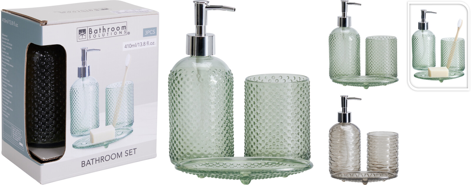 Badkamerset Ribbel Glas 3 delig assorti