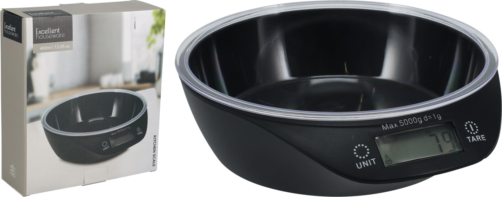 Keukenweegschaal zwart digitaal met mengkom 400ml
