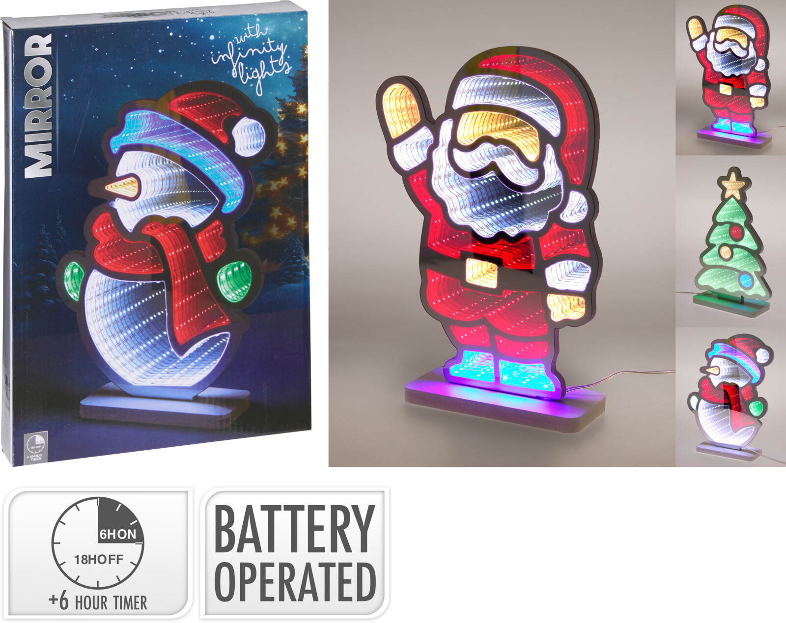 Infinity Spiegel Kerstfiguren met LED 18x28cm 3 assorti