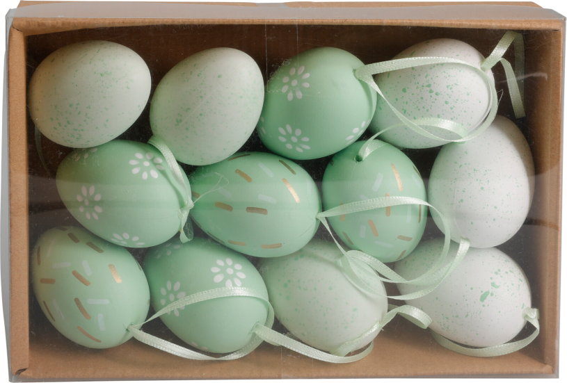 Paasei hangdeco 6cm 12 stuks in doos assorti