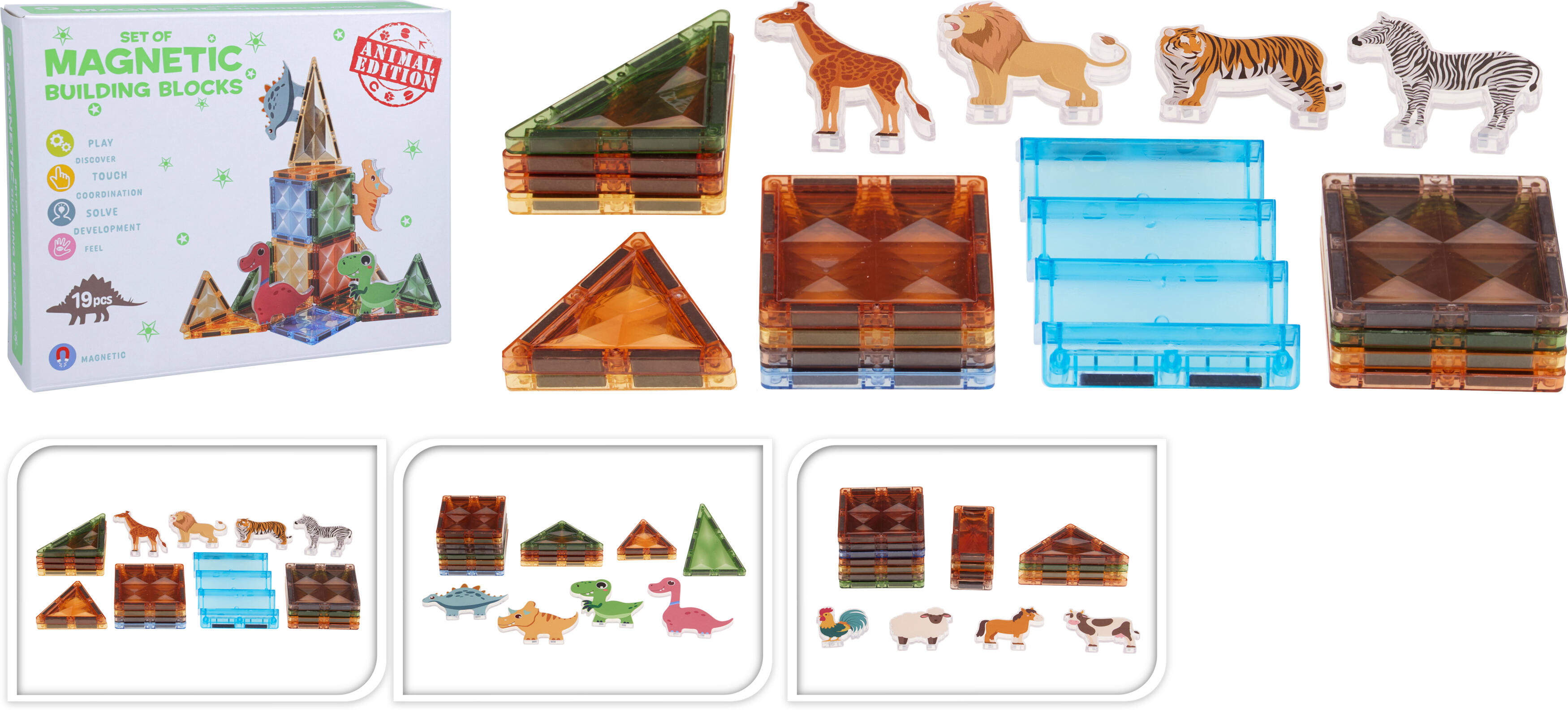 Magnetic tegels bouwstenen Animals 18-delig assorti
