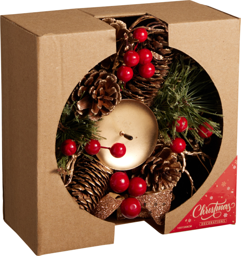 Kerstskrans 15cm met kaarsenhouder - Goud