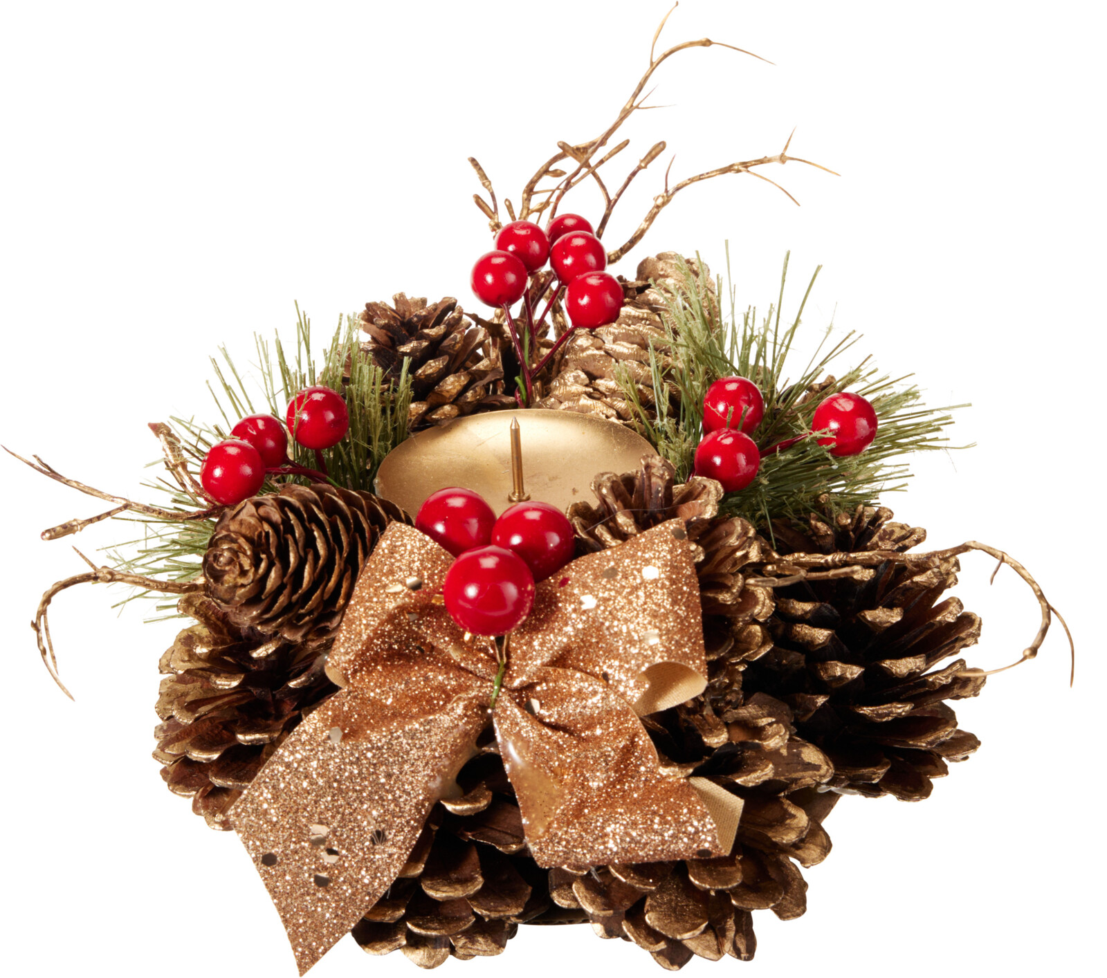 Kerstskrans 15cm met kaarsenhouder - Goud