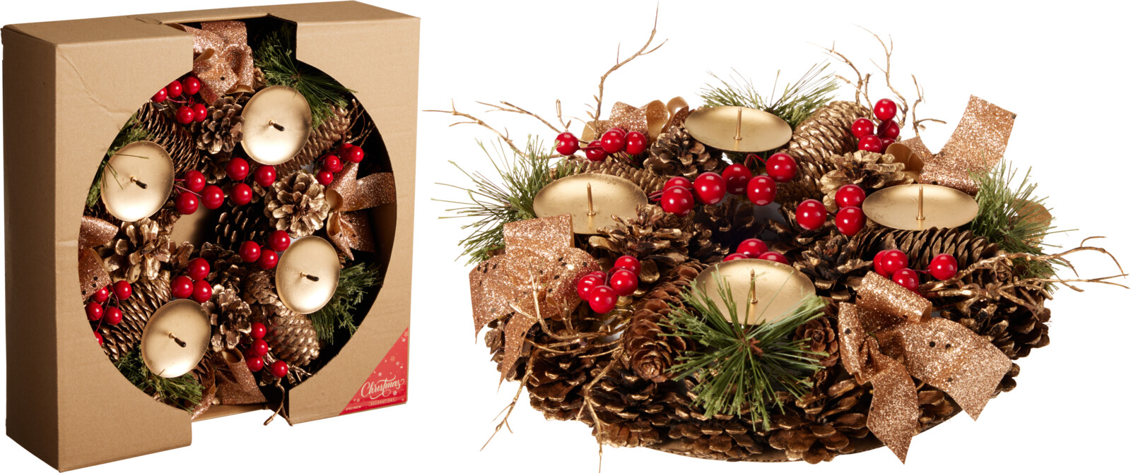 Kerstskrans 27cm met 4 kaarsenhouders - Goud