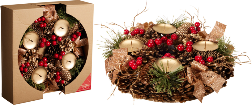 Kerstskrans 27cm met 4 kaarsenhouders - Goud