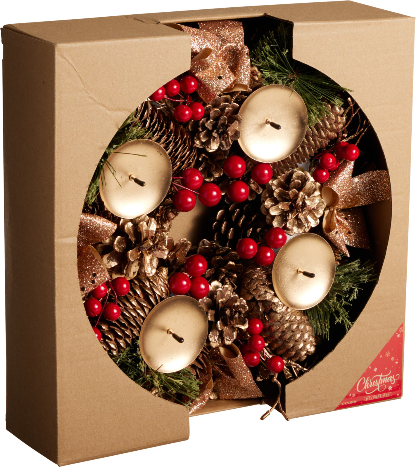 Kerstskrans 27cm met 4 kaarsenhouders - Goud