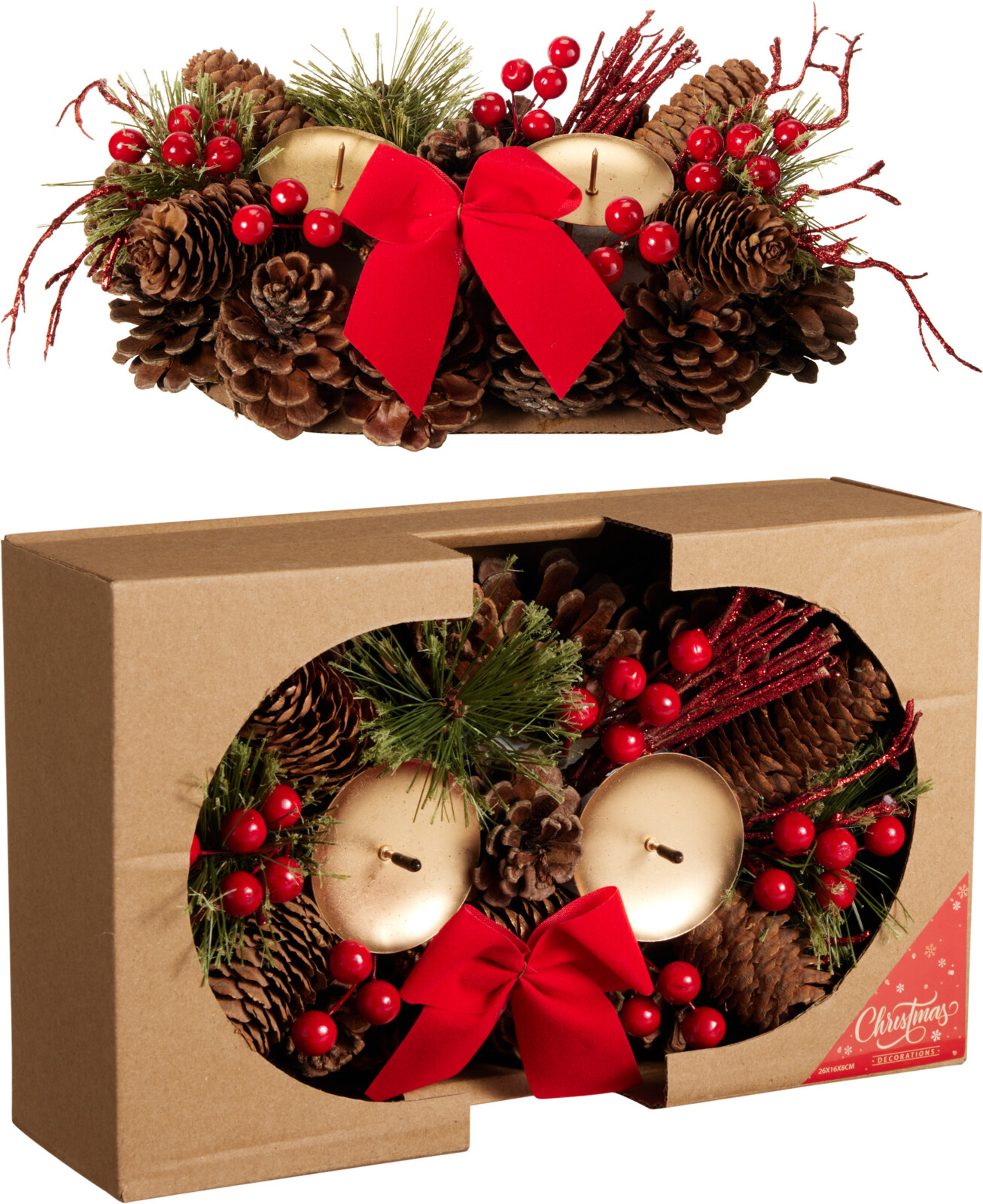 Kerstskrans 26cm met 2 kaarsenhouders - Rood