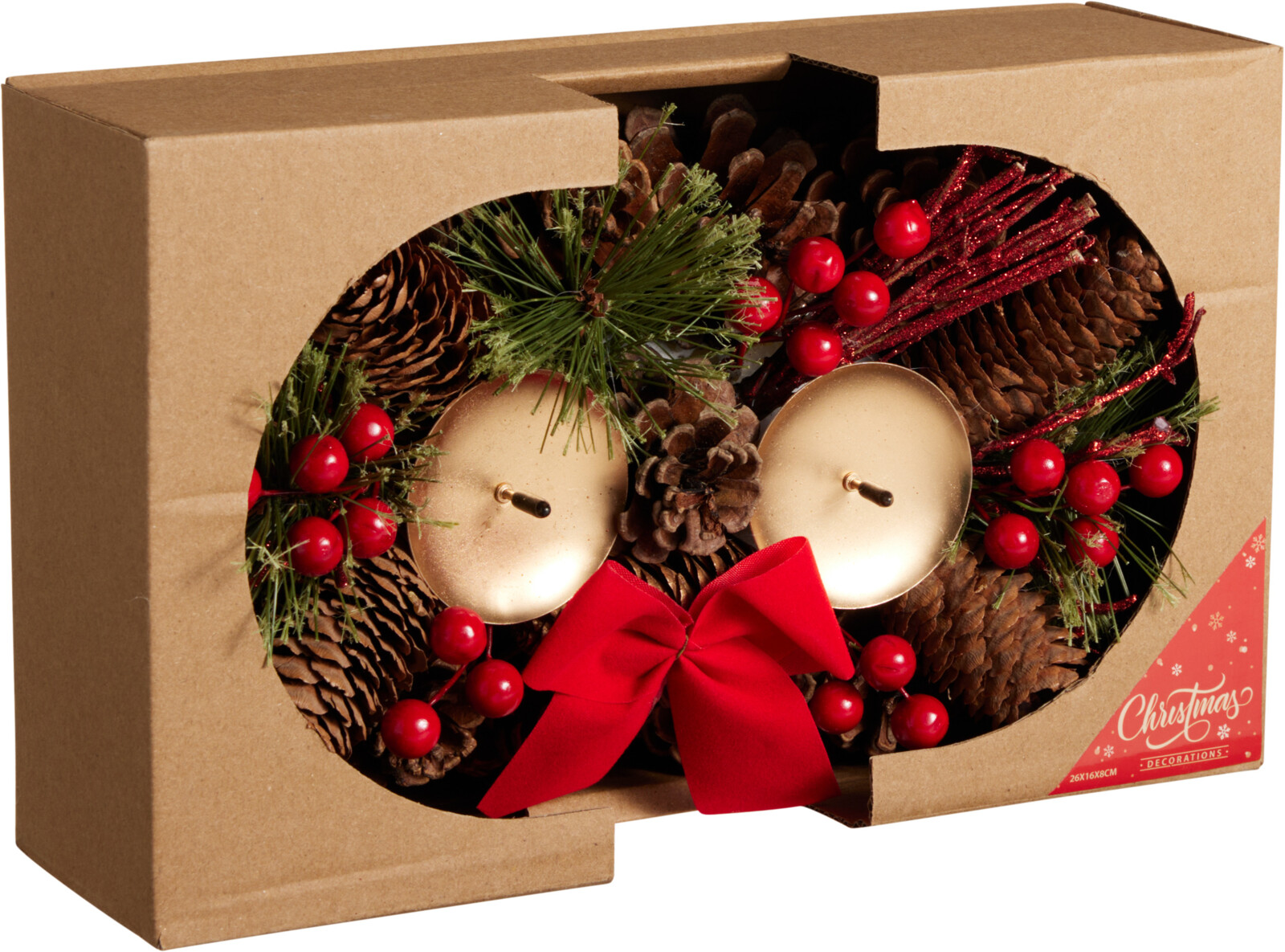 Kerstskrans 26cm met 2 kaarsenhouders - Rood