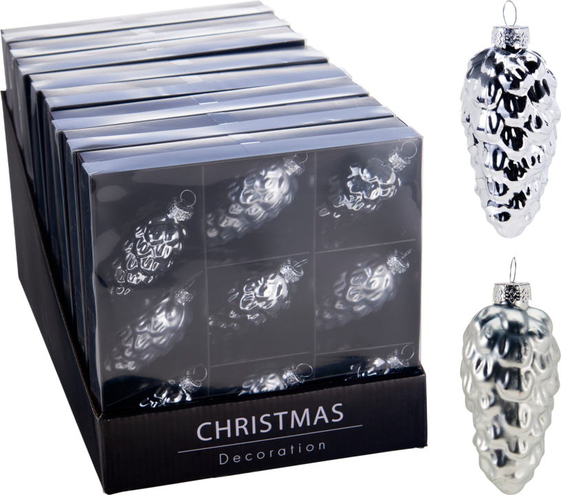Kerstbal Glas Dennenappel 9cm 9 stuks - Zilver